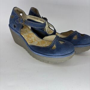 Fly London Blue and Gray Wedge Sandals with ankle strap toe cut outs women’s 42